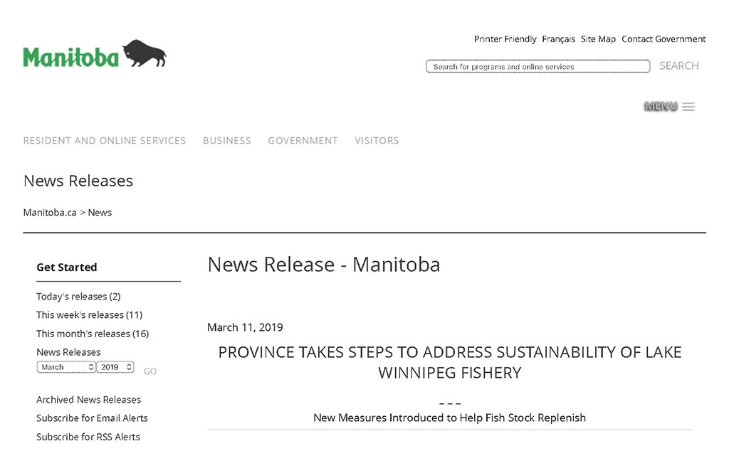 provincial press release related to sustainability of lake winnipeg fishery