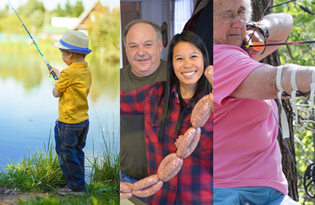 three images with boy fishing couple sausage making and lady holding a compound bow